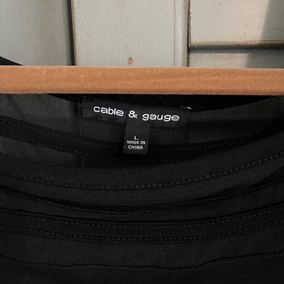 Cable and Gauge Cold Shoulder 3/4 Length Sleeve Top Mesh Neckline Black - Picture 10 of 14